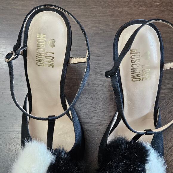 Love Moschino Satin Pom Pom Platform Heels Womens EU 37 US 7 Black Stiletto Y2K - Picture 5 of 12